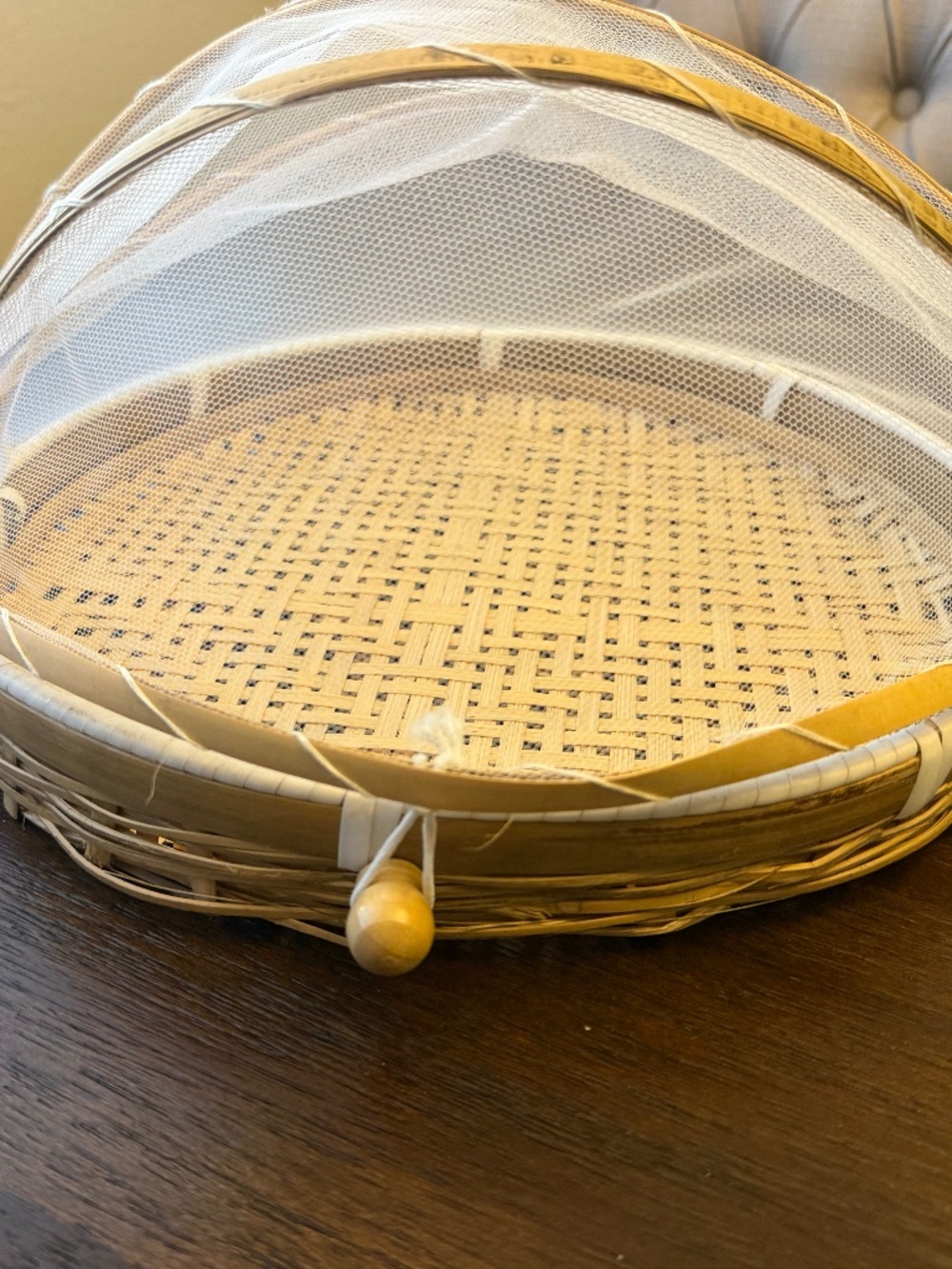 Bamboo fruit tray with attached mosquito cover